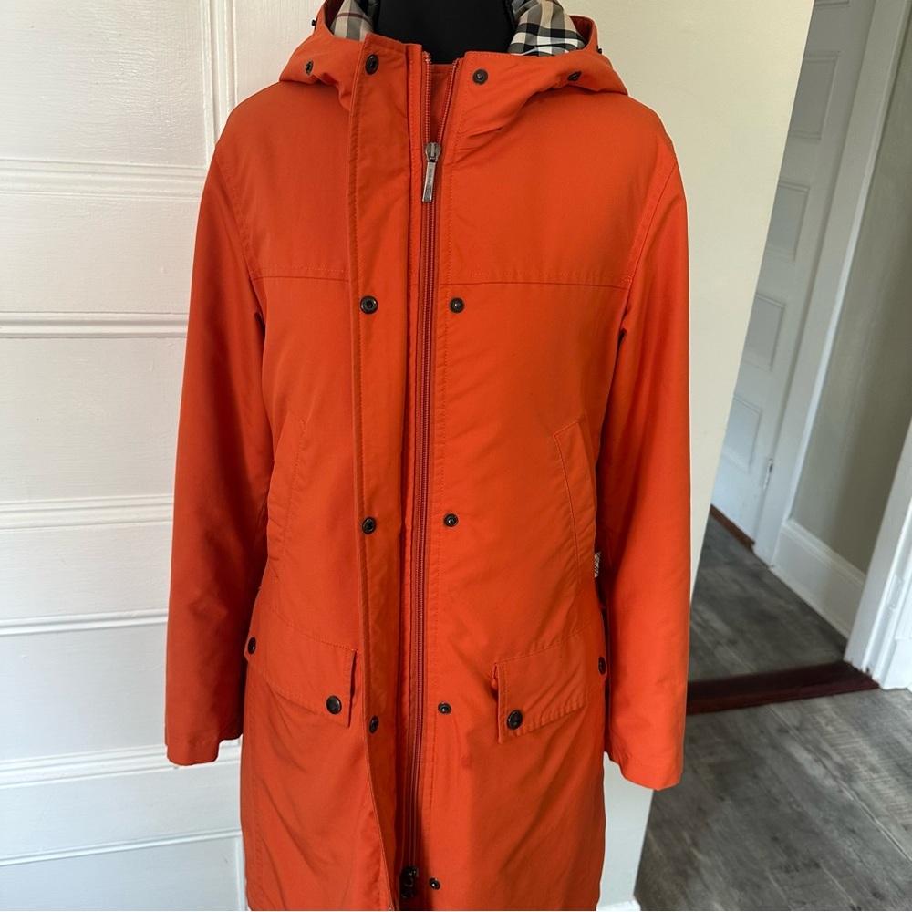 BURBERRY 🧡 XS Novacheck Plaid Dara Burnt Orange Knee High Coat XSmall EUC Jacket